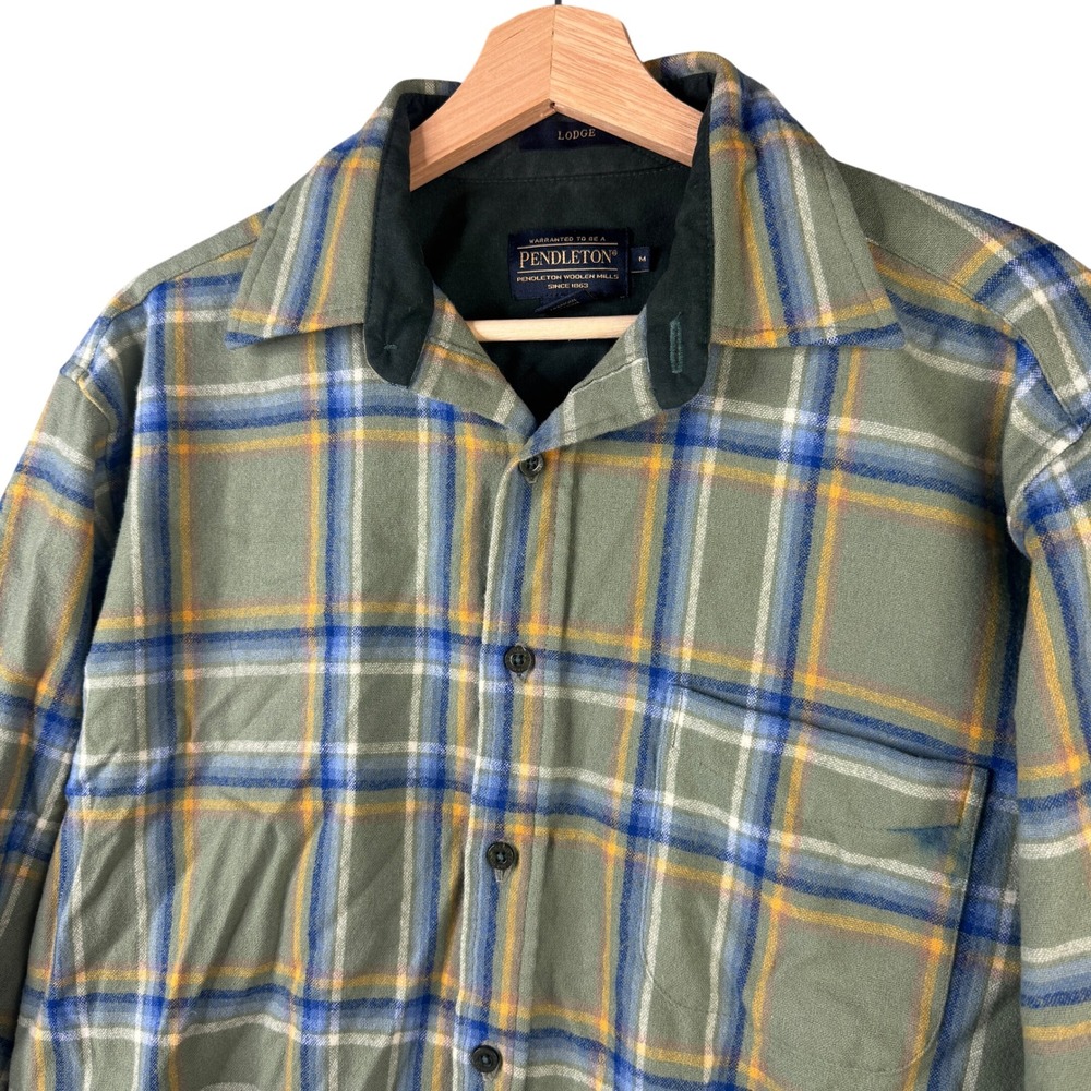 Pendleton Lodge Shirt Rocky Mountains Plaid Virgin Wool Flannel Green Mens M